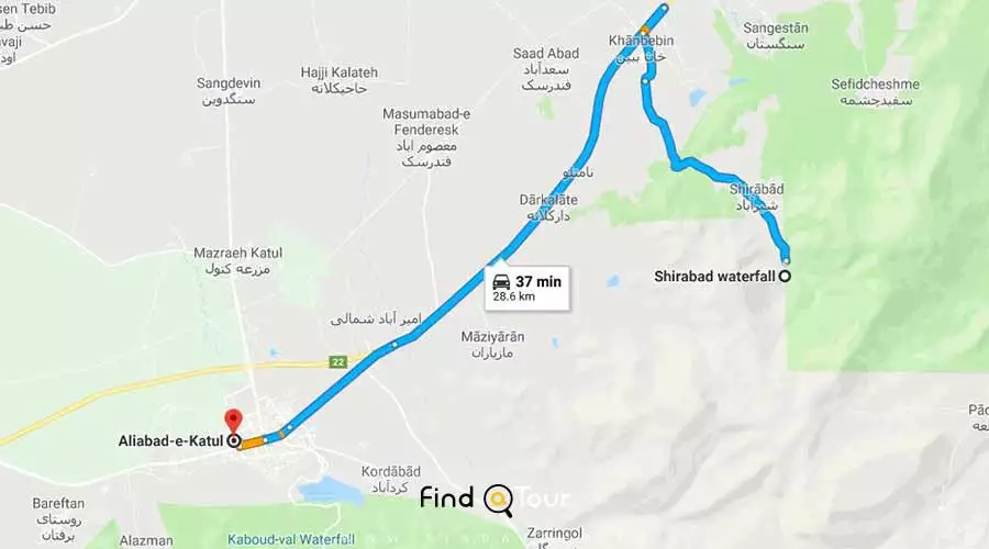 نقشه فاصله آبشار کبودوال تا منطقه شیرآباد