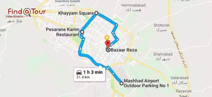 برنامه سفر مشهد روز اول بر روی نقشه
