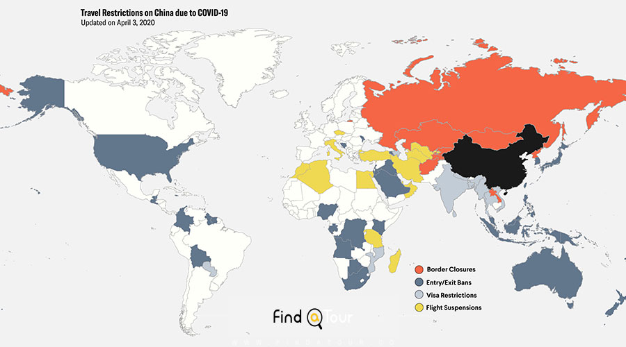 نقشه محدودیت های سفر به چین برای کشورهای مختلف