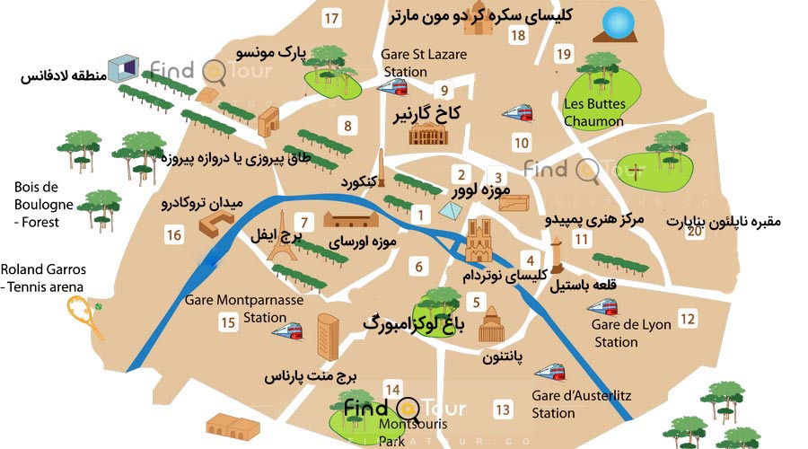 نقشه ترجمه شده به فارسی شهر پاربس و جاهای دیدنی آن