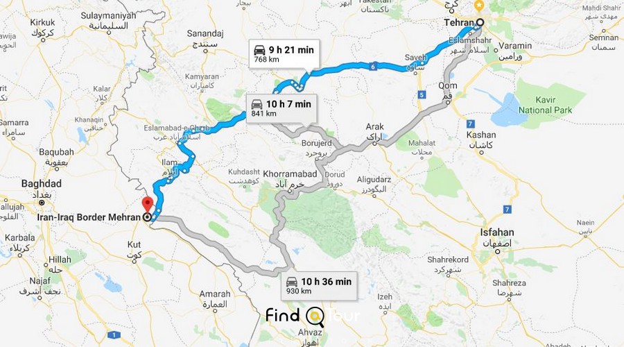 مسیر از مرز مهران ایران تا کربلا برروی نقشه