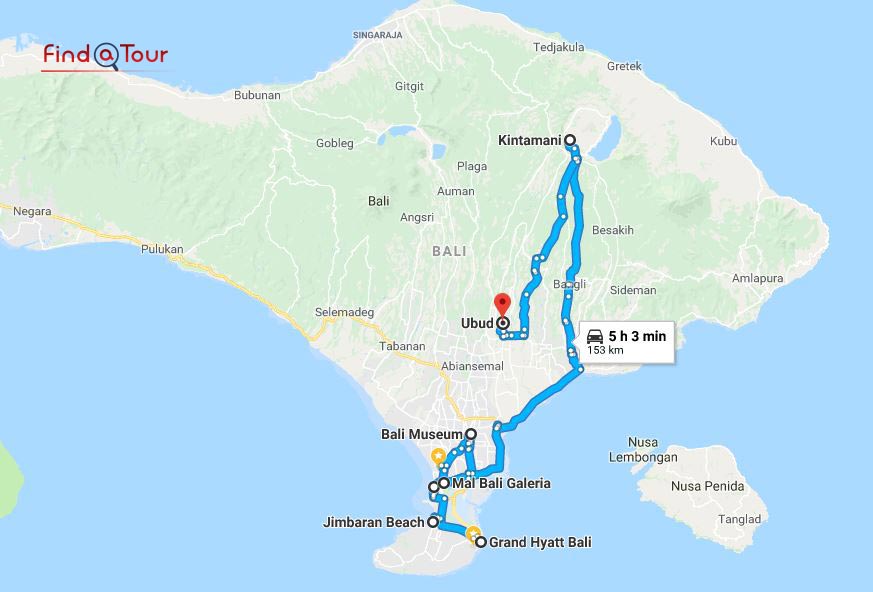 برنامه سفر 4 روزه به بالی برروی نقشه