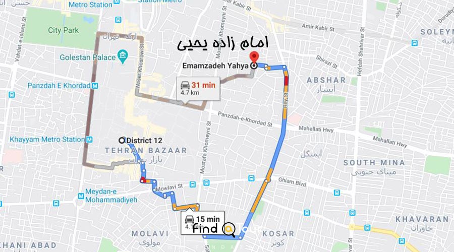 نقشه منطقه 12 تهران امامزاده یحیی