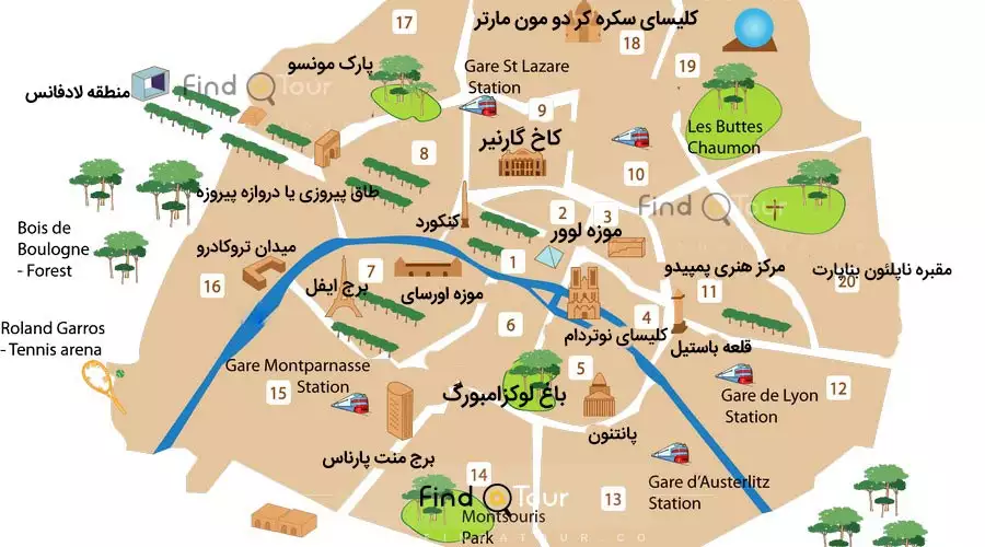 نقشه ترجمه شده به فارسی شهر پاربس و جاهای دیدنی آن
