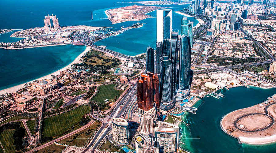 عکس برداری هوایی از شهر ابوظبی امارات و آسمان خراش ها و برج های آن