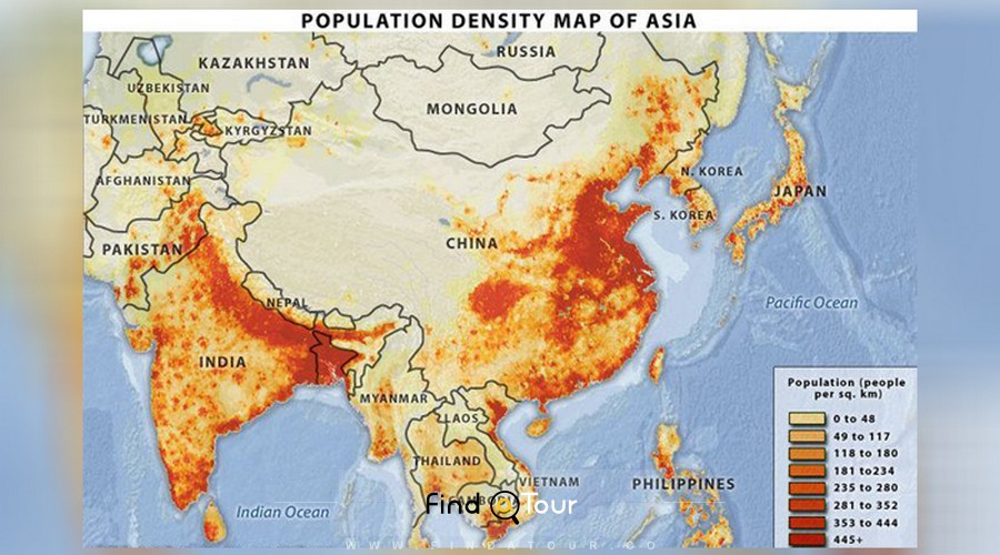 نقشه پراکندگی جمعیت در قاره آسیا