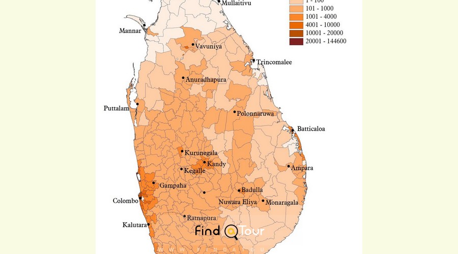 نقشه پراکندگی جمعیت سریلانکا 