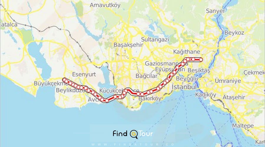 نقشه اتوبوس خط بیلیک دوزو زینجیر لی کویو در استانبول