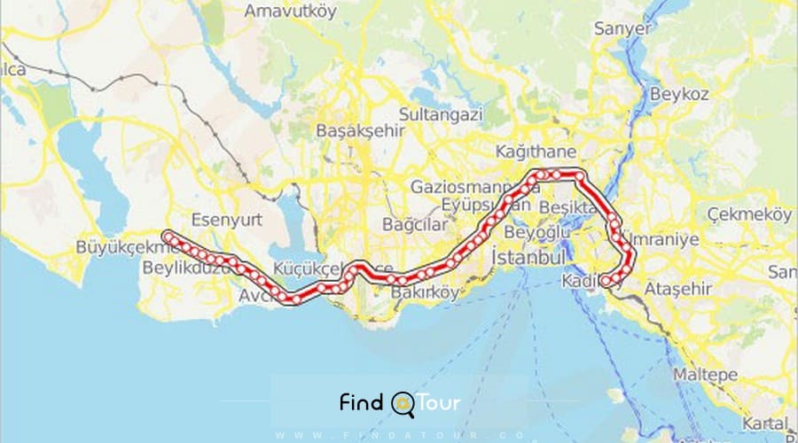 نقشه اتوبوس خط بیلیک دوزو سیوتلوچشمه در استانبول