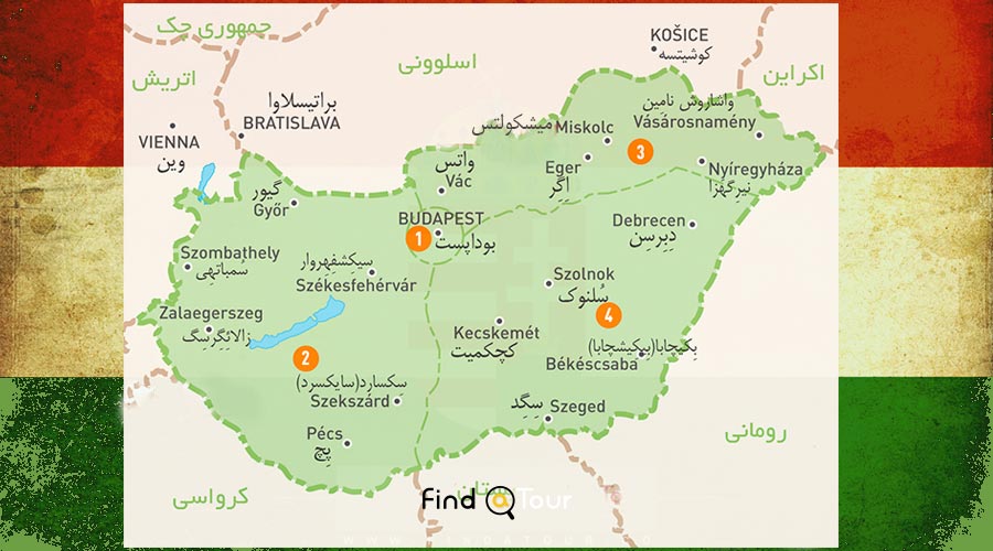 نقشه ترجمه شده شهرهای مجارستان به فارسی